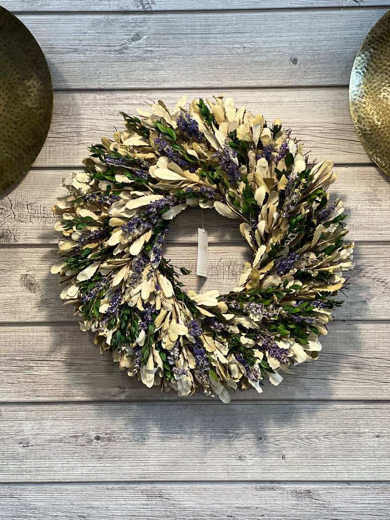 22" Blue Garden Tapestry Wreath  The wreath design is made from real botanicals, in result will have a natural scent.  Designed for INDOOR use only. If you wish to use outdoors please keep out of direct sunlight in order to maintain original appearance.  Store wreath in a dry or cool location and keep wreath away form heat or humidity.